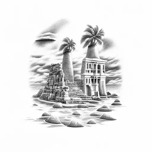 A Tattoo Featuring A Beach Scene With Ancient Historical Ruins In The Background