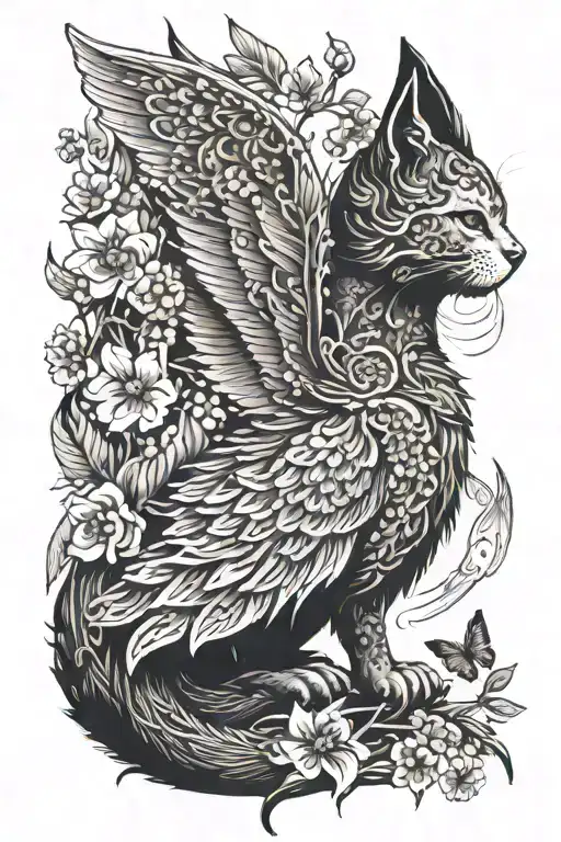 Cat With Wings Resembling A Phoenix On A Sakura Tree