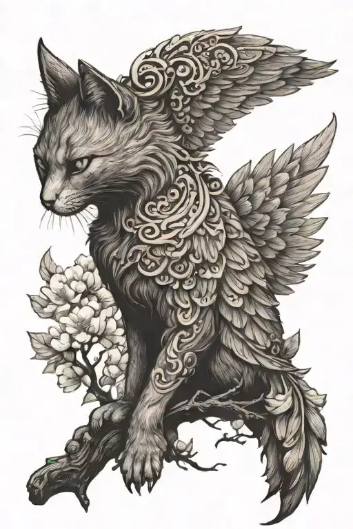 A Cat With Wings Resembling A Phoenix Perched On A Sakura Tree Branch