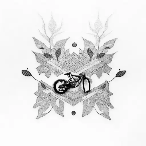 A Dotwork Tattoo Of A Camouflage Pattern Incorporating Elements Of Nature And Bicycles