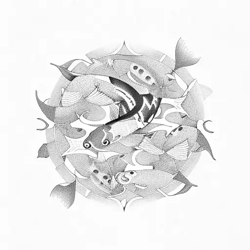 School Of Koi Fish Swimming In A Circle With Geometric Shapes