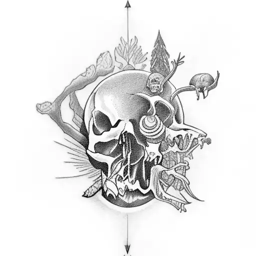A New-school Style Tattoo Of A Designer's Interpretation Of A Nature Scene Incorporating Skulls