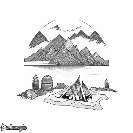 A Campfire On The Beach Surrounded By Mountain Peaks