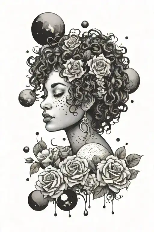 Curly Hair Woman With Flowers In Her Hair With Water Surrounding And Planets