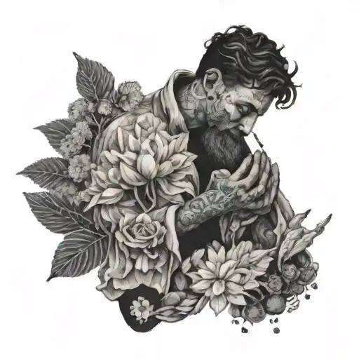 A Person Mediating Spiritually In Nature Surrounded By Flowers Holding A Cigarette In Hands