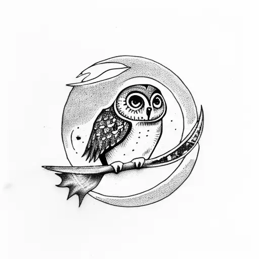 A Small Owl Holding A Key In Its Mouth While Standing On A Waning Crescent Shaped Moon