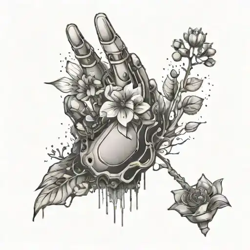 A Robotic Arm Reaching Out To Touch A Blooming Flower In A Water-filled Mountain Valley