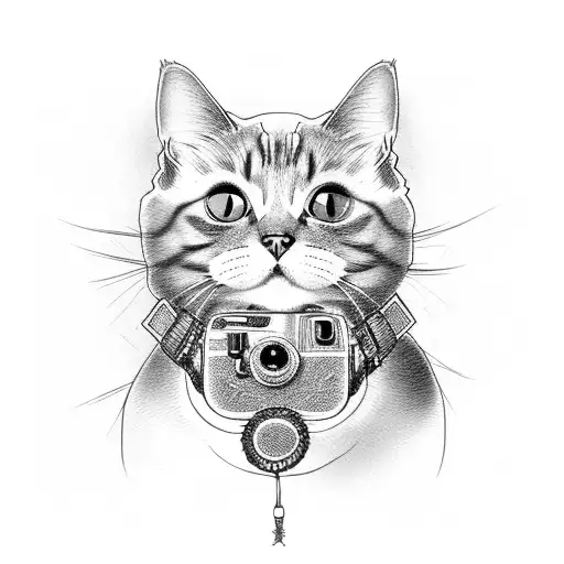Create A Portrait Of A Cat With A Camera Around Its Neck In A Dotwork Style