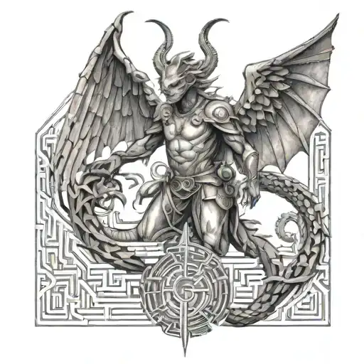 A Leadership-themed Tattoo Of An Angel Guiding A Dragon Through A Maze Of Technology