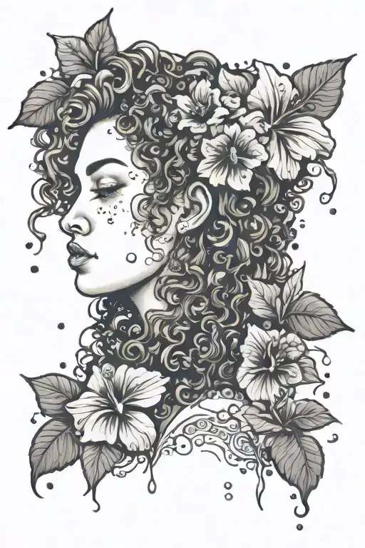 Curly Hair Woman With Hibiscus Flowers In Her Hair With Water Surrounding