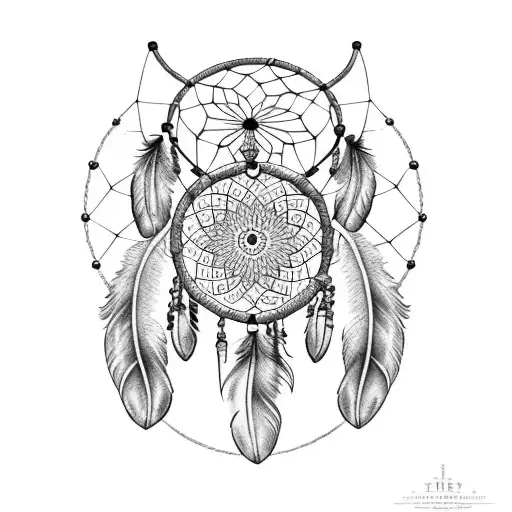 A Dreamcatcher With Intricate Dotwork Detailing And Crow Feathers Intertwined