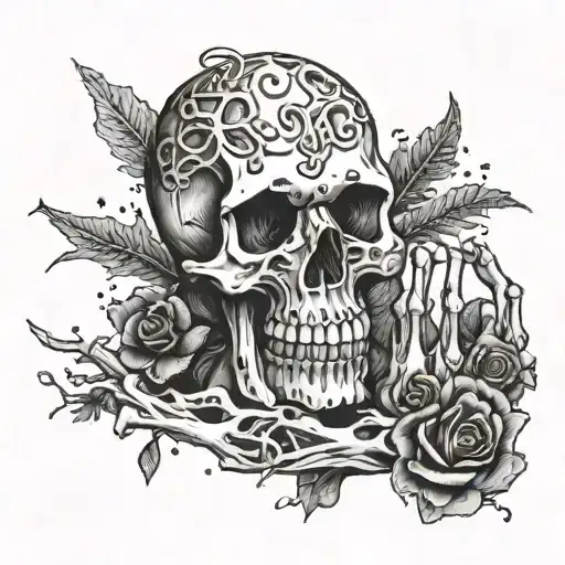 Skeleton Hand Making Rock And Roll Hand Signal With Mushrooms And Moss Growing On The Bones