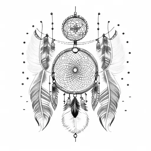 A Dreamcatcher With Intricate Dotwork Detailing And Crow Feathers Intertwined