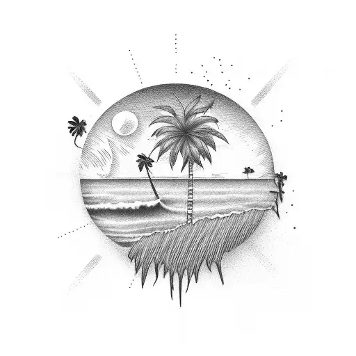 An Abstract Representation Of A Sunset Over The Ocean With Palm Trees In The Foreground