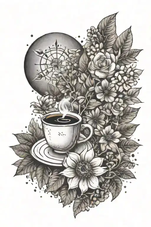 Reading And Nature Inspired Tattoo Featuring Coffee And Flowers