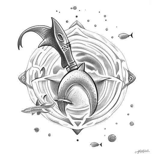 A Deep Ocean Diver Holding A Trident With Hammer Head Sharks Swimming Around Him