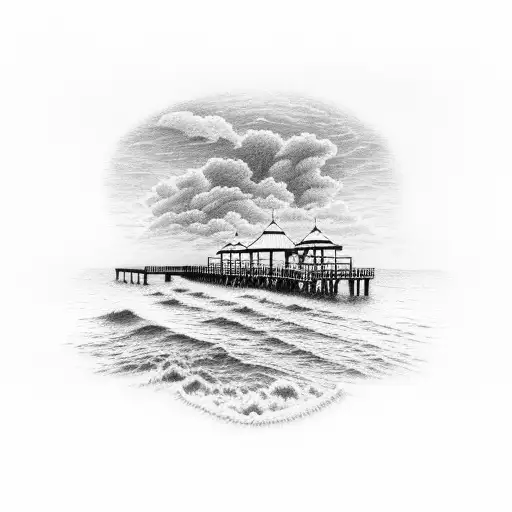 A Pier At Sunset With The Words 'Lead Me Not Into Temptation' From The Lords Prayer