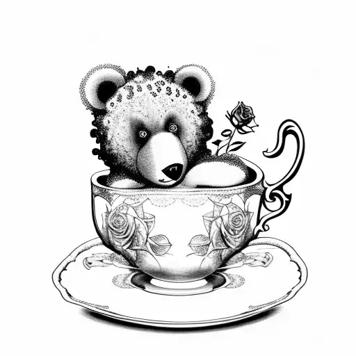 Curly Haired Bear Cub With Roses In A Tea Cup