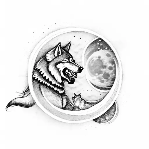 Samurai With Sword In With Wolf Howling In Front And Moon On Top Sci Fi