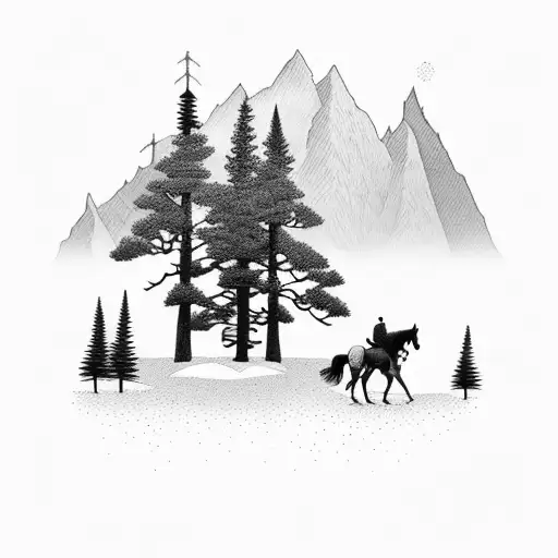 Mountain Background With A Small Amount Of Pine Trees And A Cowboy Walking A Horse Down The Road