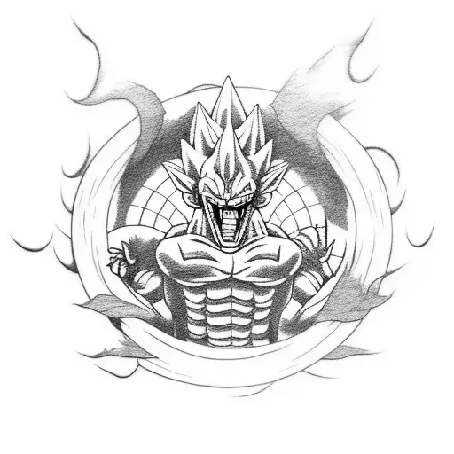 A Minimalist Dotwork Tattoo Of Shenron With Vegeta And Goku Standing Beside Him