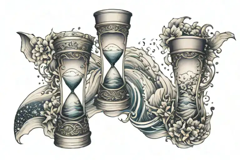 Sleeve Tattoo Featuring Ocean Waves And Faith Hourglass Combined