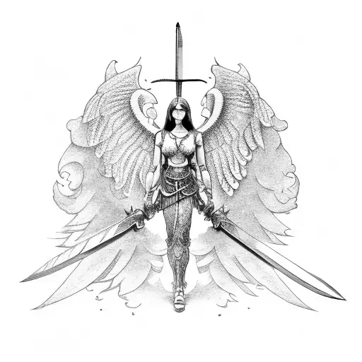An Angelic Figure With Intricate Sword Designs As Part Of Their Wings