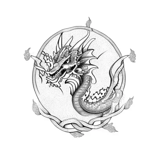 A Dotwork Design Of A Mystical Dragon Intertwined With Intricate Floral Patterns