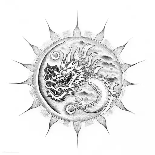 Chinese Dragon Holding Sun And Moon