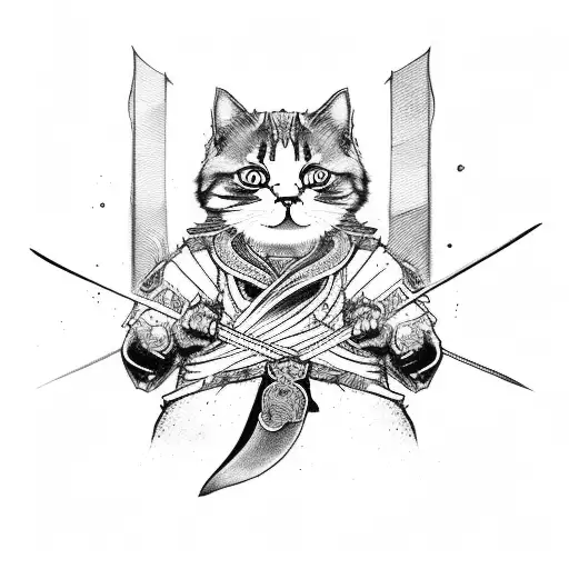 A Cat Sitting With Two Katanas On His Back And With A Kasa On His Head