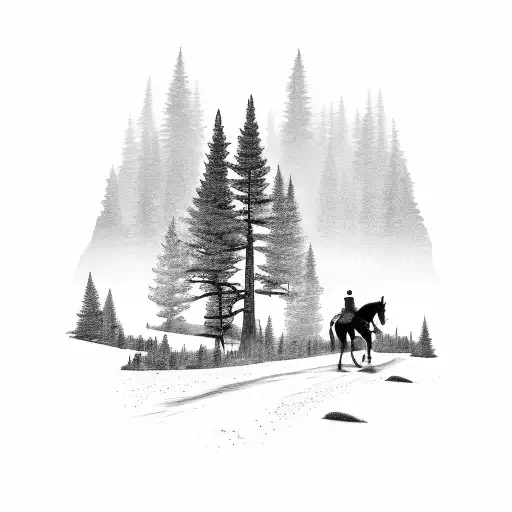 Mountain Background With Pine Trees And A Cowboy Walking A Horse Down The Road