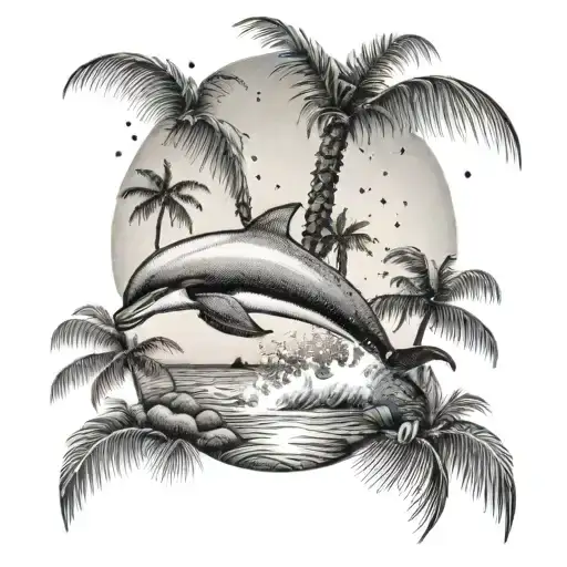 A Minimalist Design Of A Dolphin Jumping Over A Palm Tree On A Beach