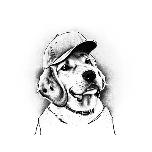 Incorporate A Dog Wearing A Baseball Cap And Dancing Hip Hop In A Dotwork Style