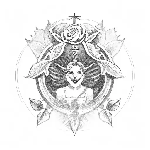 Rose Surrounded By Greek Crown Of Leaves With A Halo And Viking Symbol For Salvation