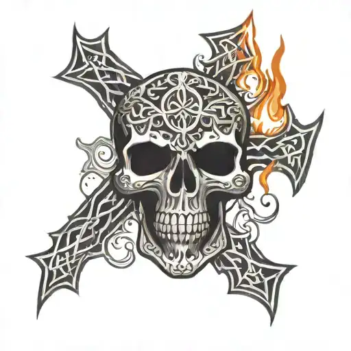 Celtic Cross On Fire Scull Red And Black