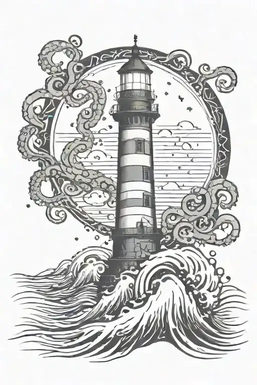 Tentacles Reaching And Surrounding A Lighthouse Emerging From Sea Waves