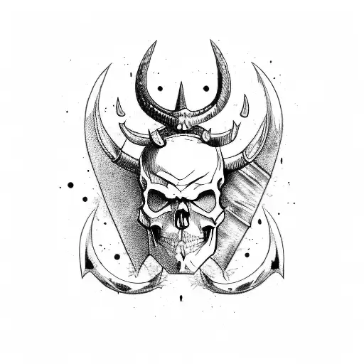 Skull With Horns And Fangs And A Shield With Swords And Bat Wings