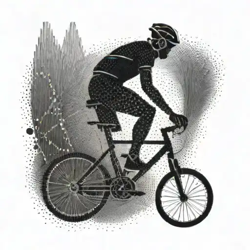 A Dotwork Tattoo Of A Stylized Heartbeat Line With A Cyclist Silhouette Integrated Into The Design