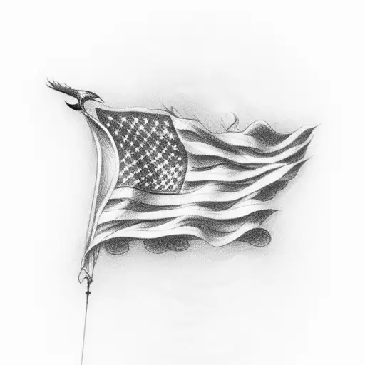 An American Flag Waving In The Wind With A Bald Eagle Flying Above It