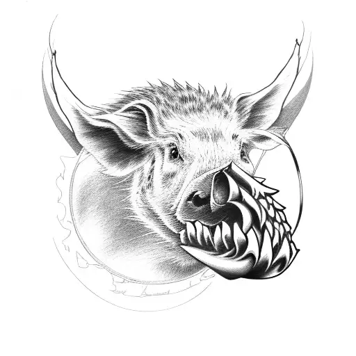 Wild Hog With Nose Ring Stepping On Skull Fire In Backround