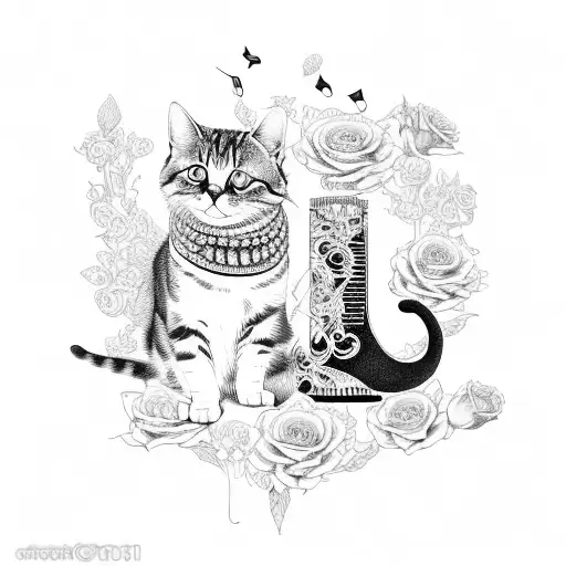 An Intricate Design Featuring A Cat And Dog Playing Musical Instruments Surrounded By Roses