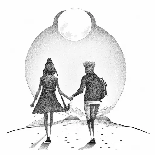 Two People Walking Down A Road Sharing A Joint With The Moon