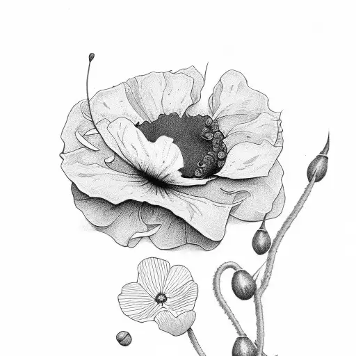 Hedera With Poppies And Small Flowers Black And White
