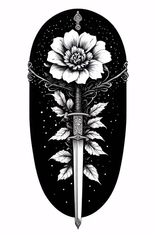 A Minimalist Design Of The Beauty And The Beast Flower Intertwined With A Katana