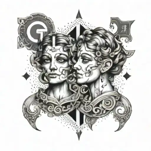 An Abstract Design Combining The Gemini Twins With Money Signs In A Dotwork Style