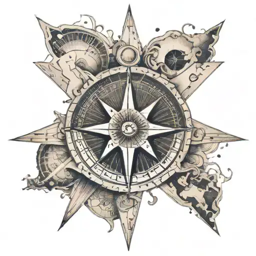 A Dotwork Tattoo Of A Compass Rose With Travel Destinations Marked On It