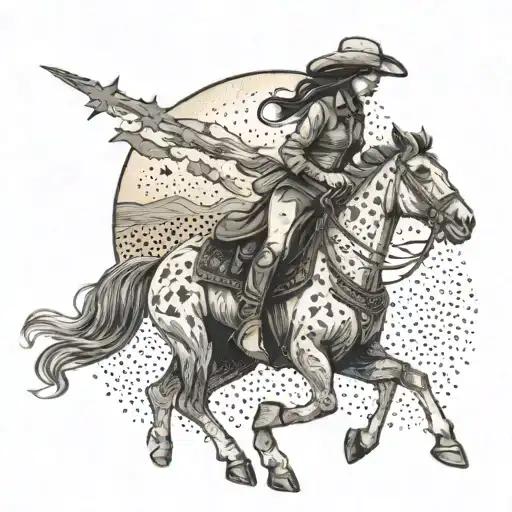 A Female Western Rider With A Star Patterned Saddle Riding Into The Sunset