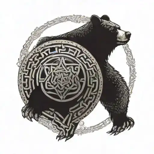 A Dotwork Tattoo Of A Celtic Shield With A Bear Emblem