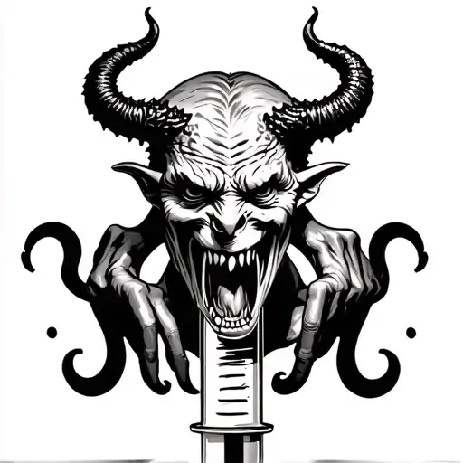 Hypodermic Syringe With The Devil Inside Representing Drugs As The Devil