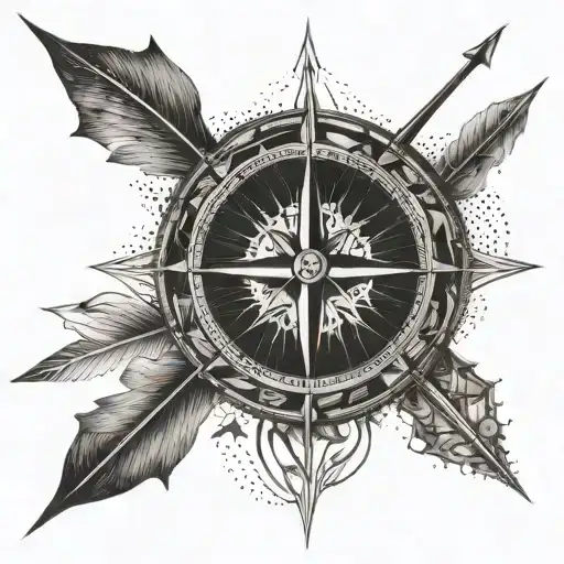 An Intricate Compass Design With Arrows Pointing Towards A River